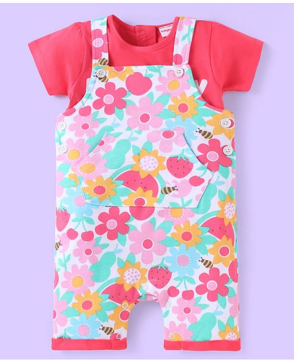 Babyhug Single Jersey Knit Floral Printed Dungaree Style Romper with Half Sleeves Text Printed Top - Red