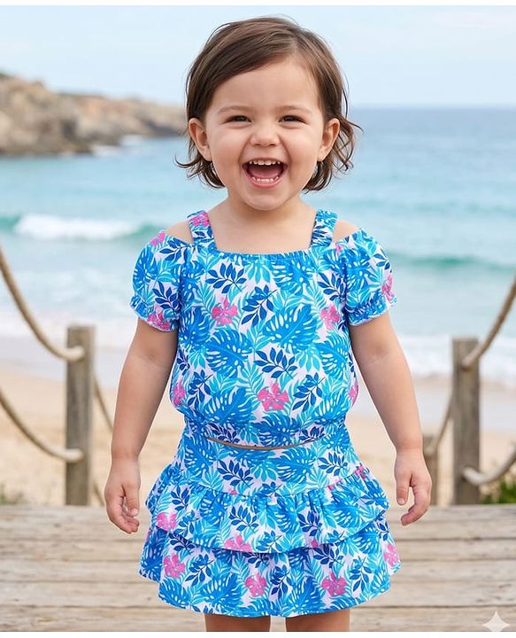 Babyhug Single Jersey Cold Shoulder Top & Skirt Co -Ord Set With Floral Print - Blue