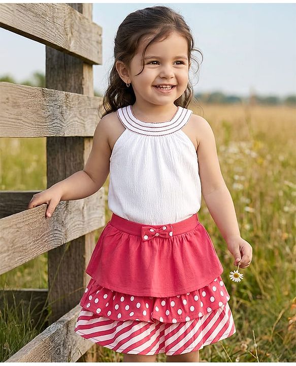 Babyhug Single Jersey Knit Sleeveless Top & Skirt Set with Polka Dots Print - Red & White