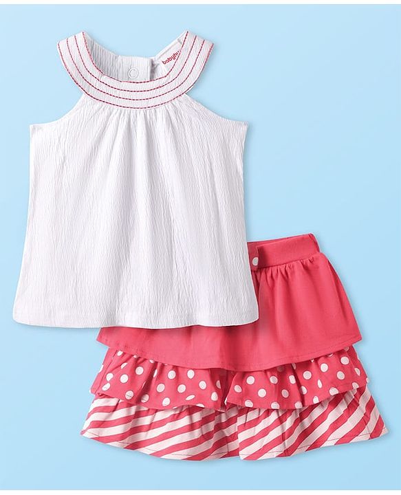 Babyhug Single Jersey Knit Sleeveless Top & Skirt Set with Polka Dots Print - Red & White