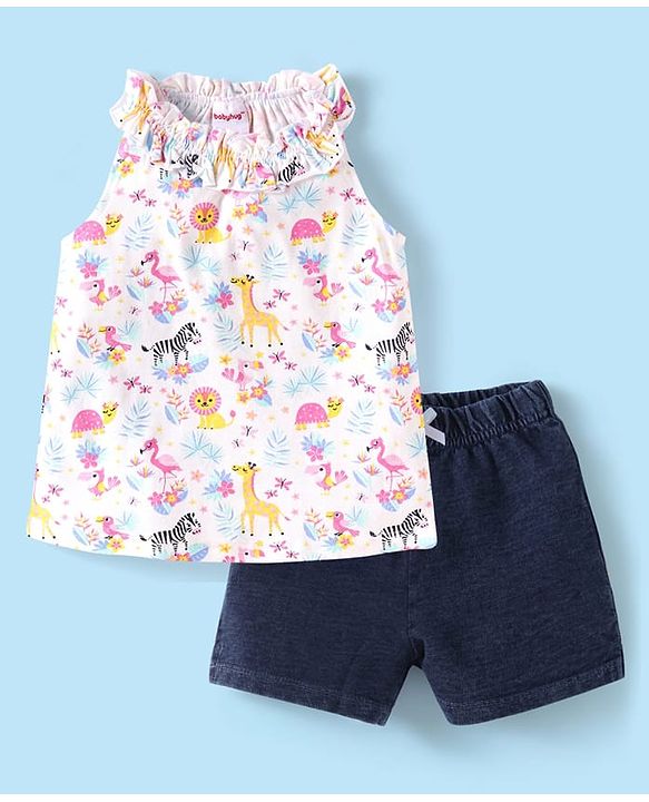 Babyhug Single Jersey Knit Sleeveless Halter Neck Top & Shorts Set with Jungle Theme Print - White & Navy Blue