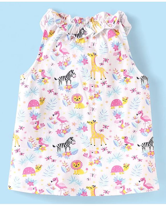 Babyhug Single Jersey Knit Sleeveless Halter Neck Top & Shorts Set with Jungle Theme Print - White & Navy Blue