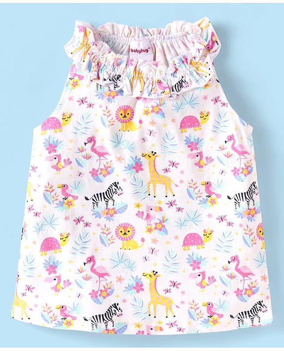 Babyhug Single Jersey Knit Sleeveless Halter Neck Top & Shorts Set with Jungle Theme Print - White & Navy Blue