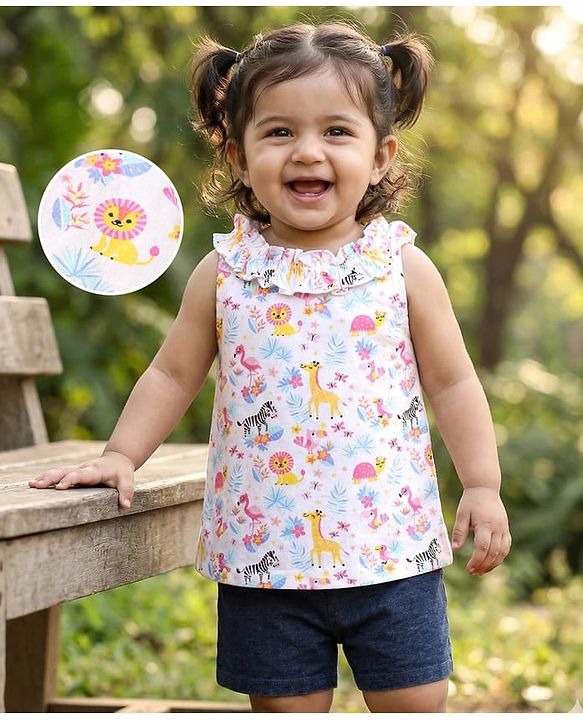 Babyhug Single Jersey Knit Sleeveless Halter Neck Top & Shorts Set with Jungle Theme Print - White & Navy Blue