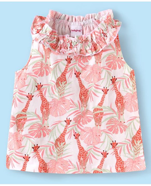 Babyhug Single Jersey Knit Sleeveless Halter Neck Top & Shorts Set with Jungle Theme Print - White & Navy Blue