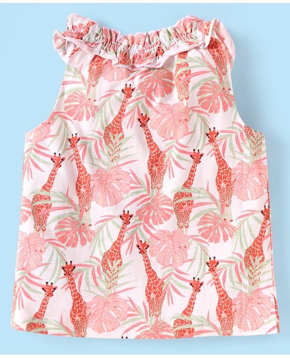 Babyhug Single Jersey Knit Sleeveless Halter Neck Top & Shorts Set with Jungle Theme Print - White & Navy Blue