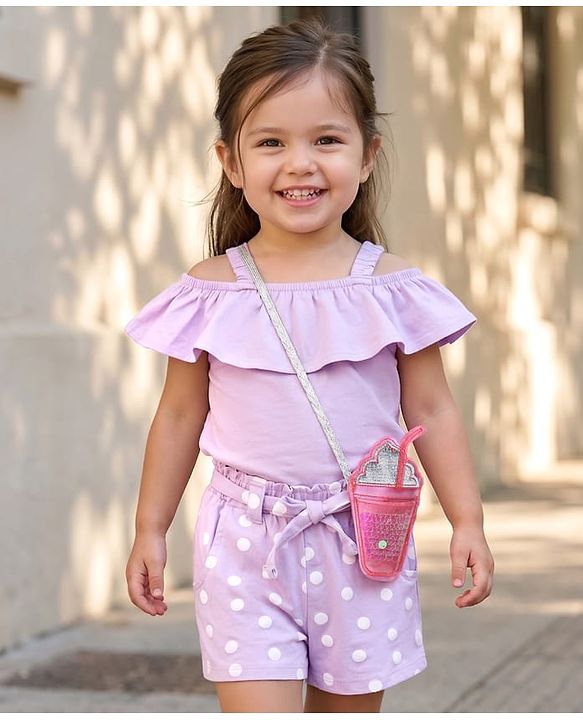 Babyhug Single Jersey Knit Sleeveless Top & Shorts Set with Polka Dots Print & Sling - Lilac