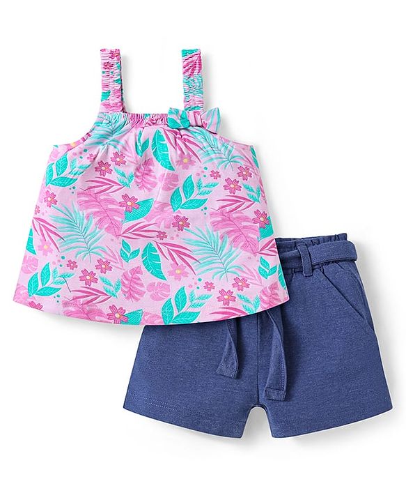 Babyhug Single Jersey Knit Singlet Sleeves Top & Shorts Set with Tropical Theme Print & Bow Applique - Blue