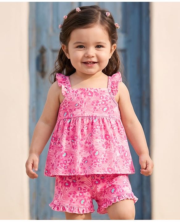 Babyhug Single Jersey Knit Sleeveless Top & Shorts with Jungle Print - Pink