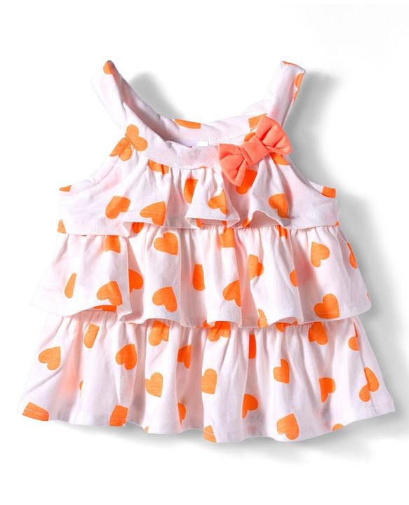 Babyhug 100% Cotton Single Jersey Knit Singlet Sleeves Top & Shorts Set With Heart Print & Bow Applique - Orange