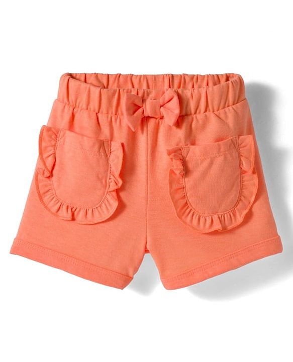 Babyhug 100% Cotton Single Jersey Knit Singlet Sleeves Top & Shorts Set With Heart Print & Bow Applique - Orange
