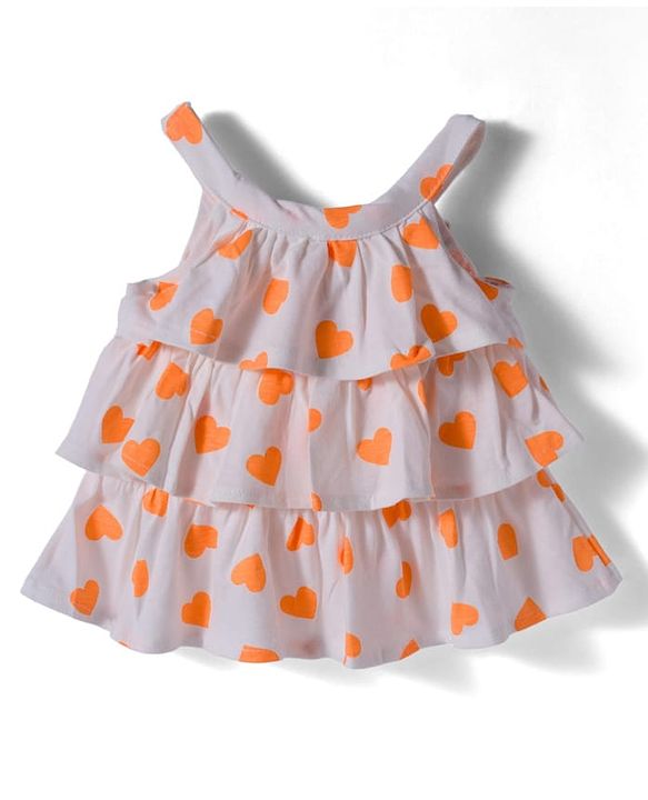 Babyhug 100% Cotton Single Jersey Knit Singlet Sleeves Top & Shorts Set With Heart Print & Bow Applique - Orange