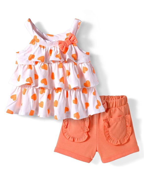 Babyhug 100% Cotton Single Jersey Knit Singlet Sleeves Top & Shorts Set With Heart Print & Bow Applique - Orange