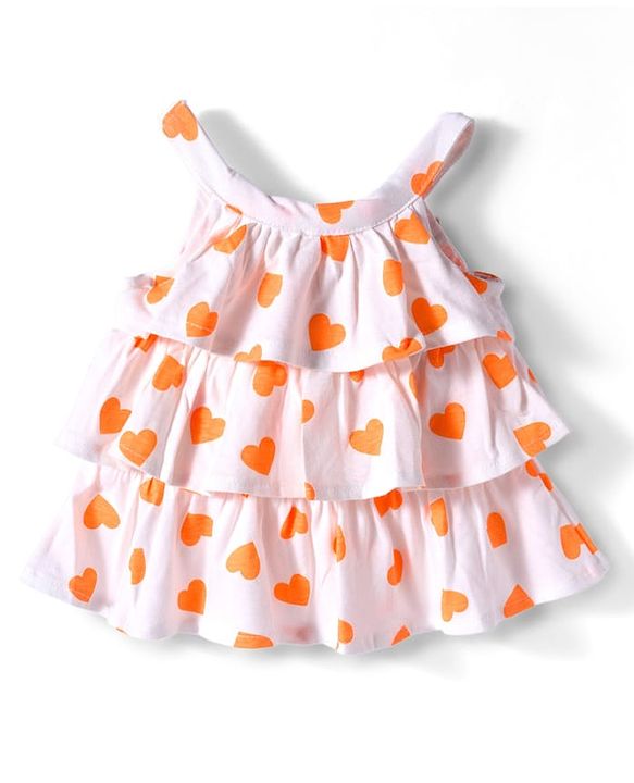 Babyhug 100% Cotton Single Jersey Knit Singlet Sleeves Top & Shorts Set With Heart Print & Bow Applique - Orange