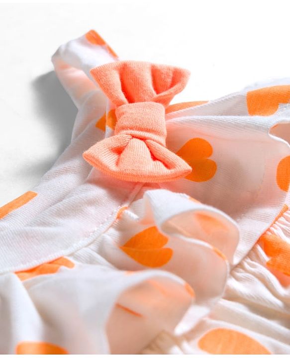 Babyhug 100% Cotton Single Jersey Knit Singlet Sleeves Top & Shorts Set With Heart Print & Bow Applique - Orange