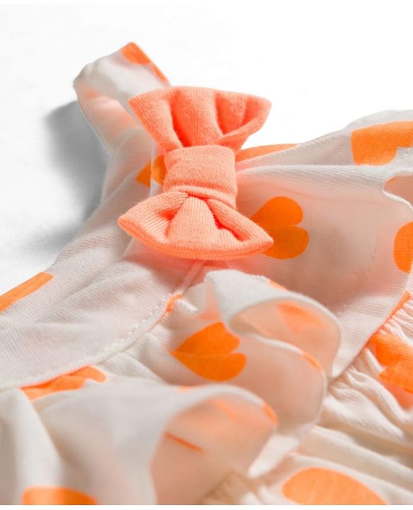 Babyhug 100% Cotton Single Jersey Knit Singlet Sleeves Top & Shorts Set With Heart Print & Bow Applique - Orange