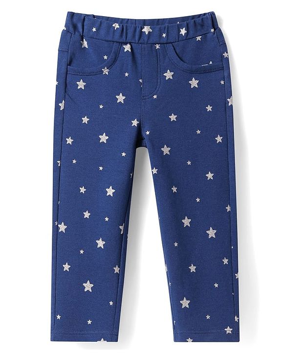 Babyhug Cotton Lycra Knit Full Length Jeggings with Star Foil Print - Navy Blue