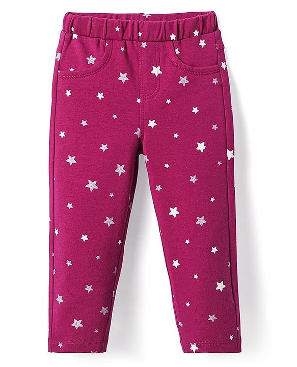 Babyhug Cotton Lycra Knit Full Length Jeggings with Star Foil Print - Red