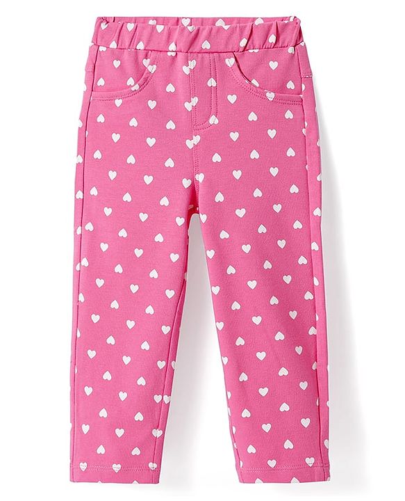 Babyhug Cotton Lycra Knit Full Length Jeggings with Hearts Print - Pink