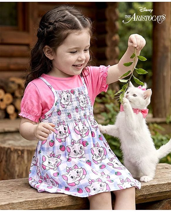 Babyhug Disney Single Jersey Knit Half Puffed Sleeves Inner Tee & Frock with Marie Print - Pink