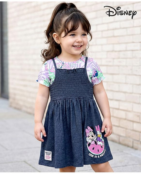 Babyhug Disney Single Jersey Knit Frock with Half Puffed Sleeves Inner Tee & Minnie Mouse Graphics - Navy Blue & White