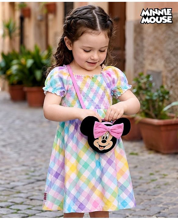 Babyhug Disney Single Jersey Knit Half Puffed Sleeves Checkered Smocked Frock with Sling Bag & Minnie Mouse Graphics - Multicolor