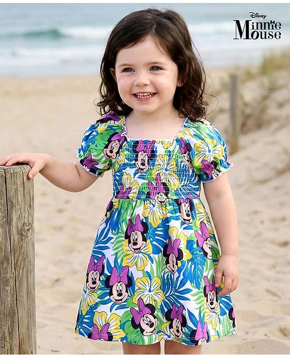 Babyhug Disney Single Jersey Knit Half Puffed Sleeves Frock With Minnie Mouse Print & Smocking Detailing - Multicolor