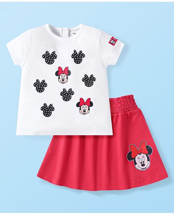 Babyhug Disney Single Jersey Knit Half Sleeves T-Shirt & Skirt Set with Minnie Mouse Graphics - White & Red