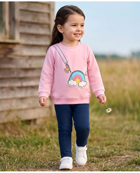 Babyhug Terry Knit Full Sleeves Sweatshirt & Jegging Set with Rainbow Patch - Pink & Navy Blue
