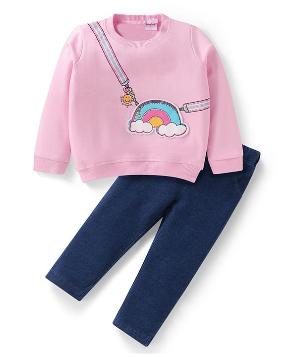 Babyhug Terry Knit Full Sleeves Sweatshirt & Jegging Set with Rainbow Patch - Pink & Navy Blue