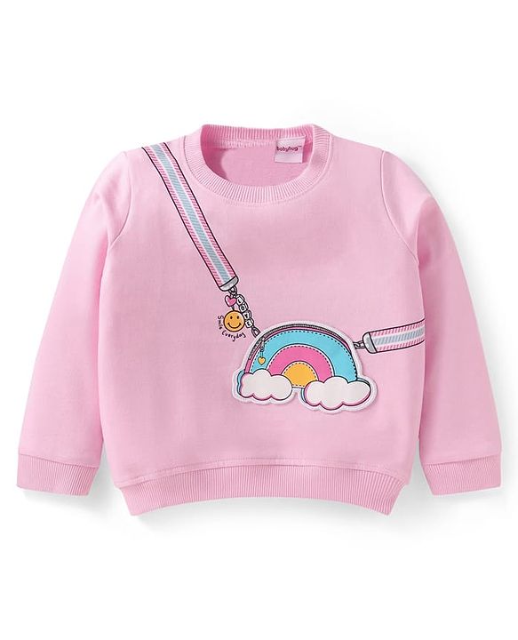 Babyhug Terry Knit Full Sleeves Sweatshirt & Jegging Set with Rainbow Patch - Pink & Navy Blue