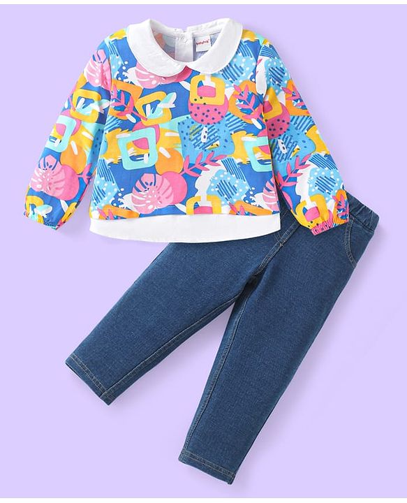Babyhug Single Jersey Knit Full Sleeves Peter Pan Collared Top & Trouser Set with Tropical Theme Print - Blue
