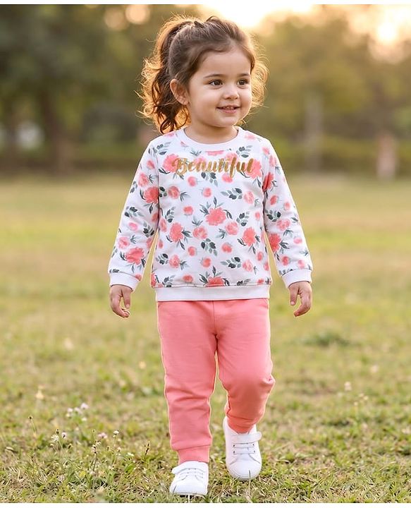 Babyhug Single Jersey Knit Full Sleeves Floral Printed T-Shirt & Lounge Pant Set Glitter Text Print - Pink & White