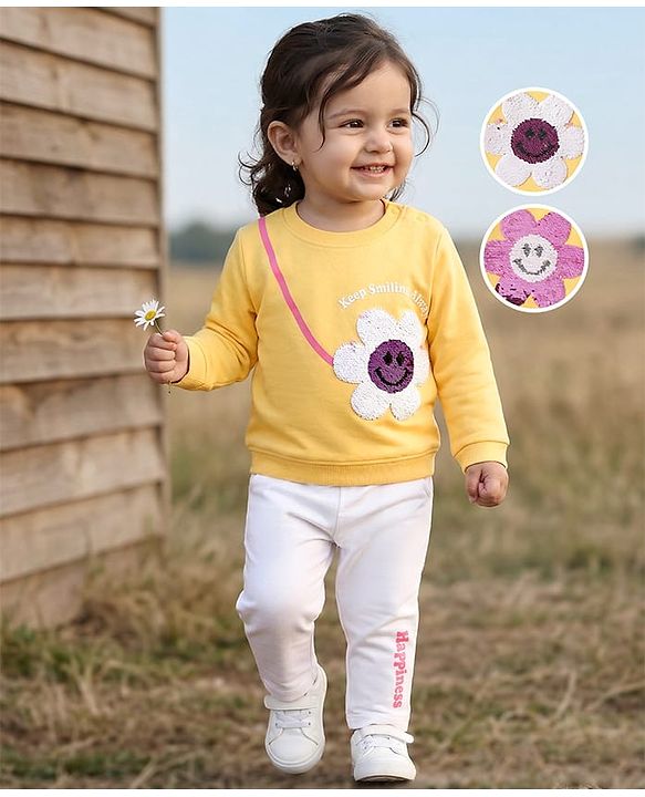 Babyhug Single Jersey Knit Full Sleeves T-Shirt & Pant Set with Reversible Sequin Derailing - Yellow & White