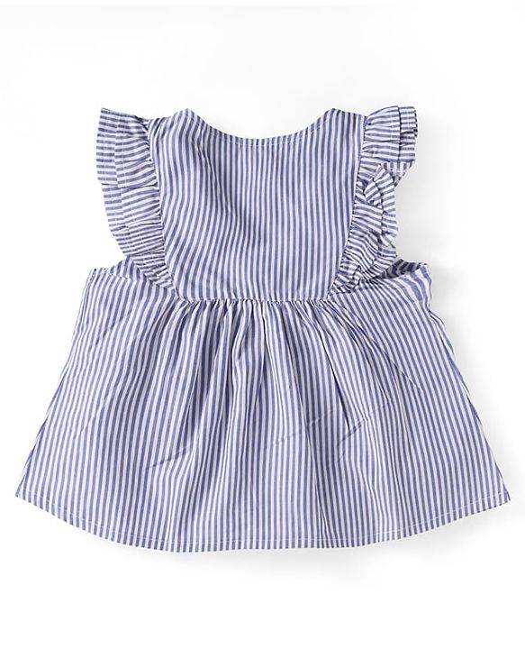 Babyhug 100% Cotton Single Jersey Knit Frill Sleeves Striped Front Open Top & Pant Set with Floral Print & Embroidery - Navy Blue