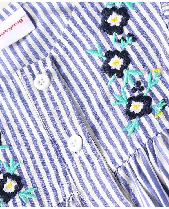 Babyhug 100% Cotton Single Jersey Knit Frill Sleeves Striped Front Open Top & Pant Set with Floral Print & Embroidery - Navy Blue