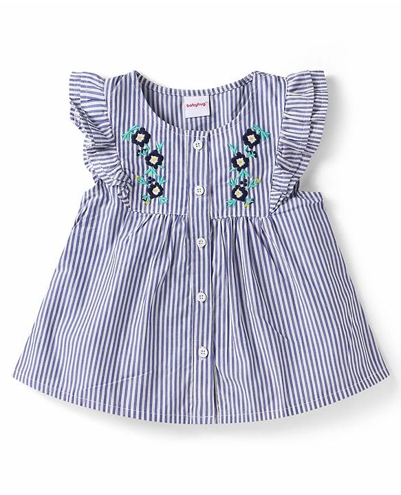 Babyhug 100% Cotton Single Jersey Knit Frill Sleeves Striped Front Open Top & Pant Set with Floral Print & Embroidery - Navy Blue