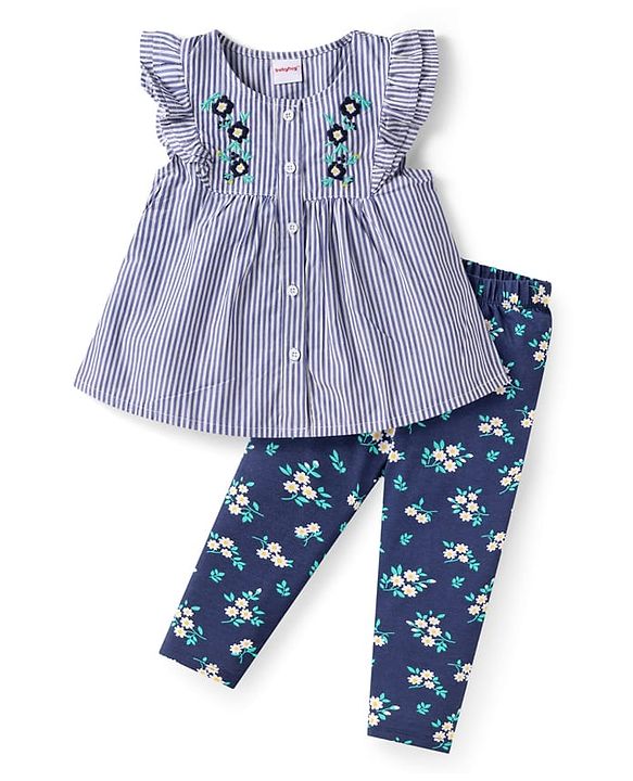 Babyhug Single Jersey Knit Frill Sleeves Striped Front Open Top & Pant Set with Floral Print & Embroidery - Navy Blue