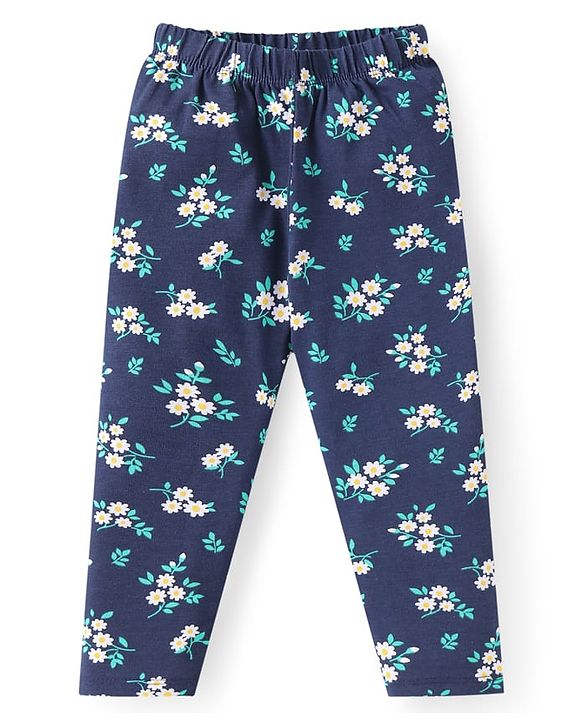 Babyhug Single Jersey Knit Frill Sleeves Striped Front Open Top & Pant Set with Floral Print & Embroidery - Navy Blue