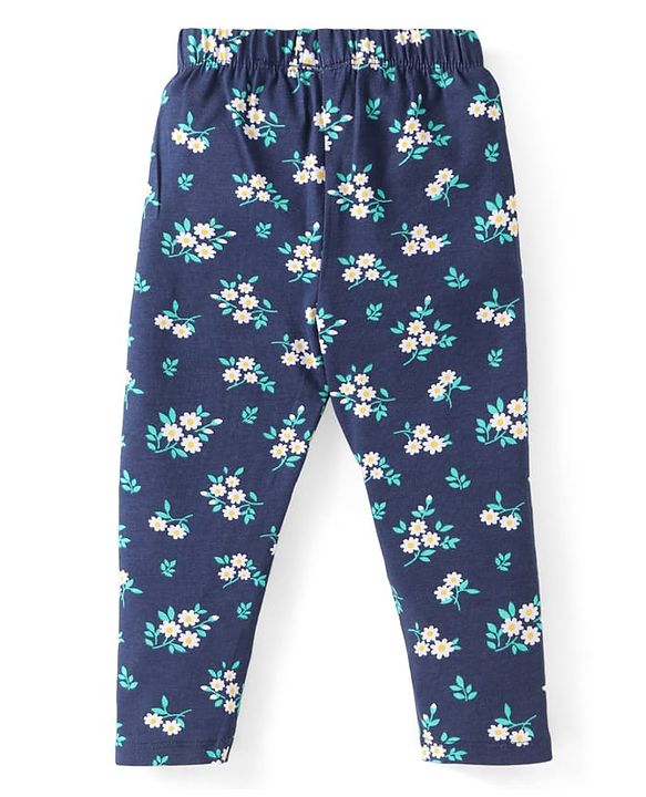 Babyhug Single Jersey Knit Frill Sleeves Striped Front Open Top & Pant Set with Floral Print & Embroidery - Navy Blue