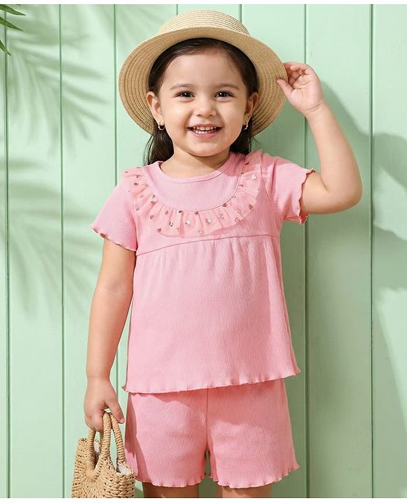 Babyhug Single Jersey Knit Half Sleeves Textured Top & Shorts with Frill Detailing - Pink