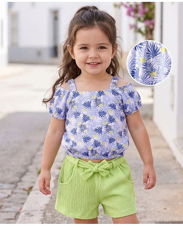Babyhug Single Jersey Knit Half Cold Shoulder Sleeves Top & Shorts Set With Leaf Print - White & Green