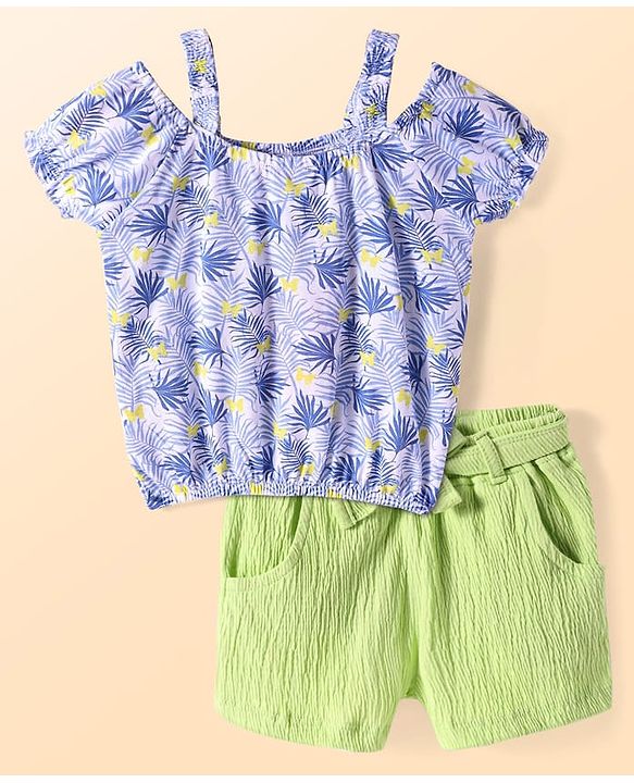 Babyhug Single Jersey Knit Half Cold Shoulder Sleeves Top & Shorts Set With Leaf Print - White & Green