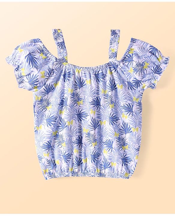 Babyhug Single Jersey Knit Half Cold Shoulder Sleeves Top & Shorts Set With Leaf Print - White & Green