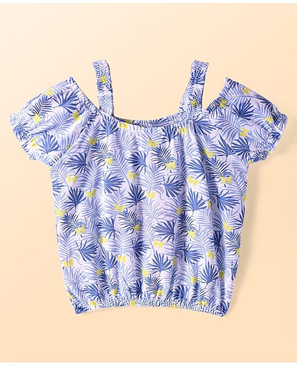 Babyhug Single Jersey Knit Half Cold Shoulder Sleeves Top & Shorts Set With Leaf Print - White & Green