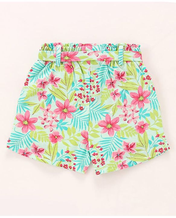 Babyhug Single Jersey Knit Frill Sleeves Top & Shorts Co-Ord Set With Floral & Leaf Print - Sea Green