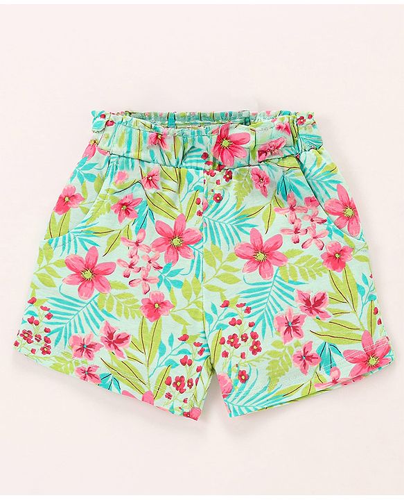 Babyhug Single Jersey Knit Frill Sleeves Top & Shorts Co-Ord Set With Floral & Leaf Print - Sea Green