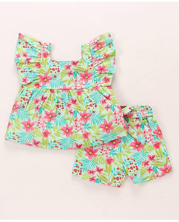 Babyhug Single Jersey Knit Frill Sleeves Top & Shorts Co-Ord Set With Floral & Leaf Print - Sea Green