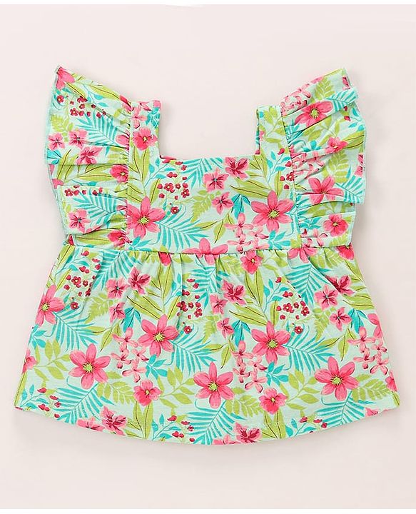 Babyhug Single Jersey Knit Frill Sleeves Top & Shorts Co-Ord Set With Floral & Leaf Print - Sea Green