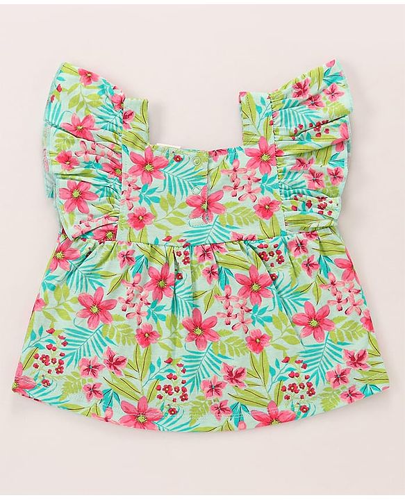 Babyhug Single Jersey Knit Frill Sleeves Top & Shorts Co-Ord Set With Floral & Leaf Print - Sea Green